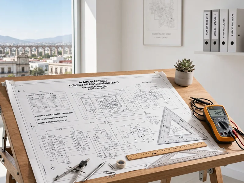 Mesa de trabajo y planos de ingeniería en Querétaro